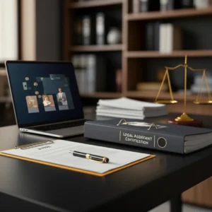 A-3D-rendering-of-a-professional-legal-assistant's-desk-with-certification-documents.