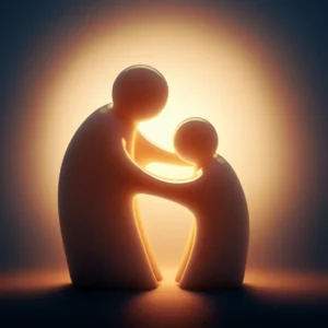 Two-abstract-figures-connected-by-a-warm,-glowing-light,-symbolizing-a-supportive-and-life-giving-relationship.