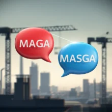 MASGA와-MAGA의-연관성을-귀여운-3D-그래픽으로-표현한-이미지.-빨간색-정치-구호-MAGA와-파란색-산업-프로젝트-MASGA가-연결되어-있음.