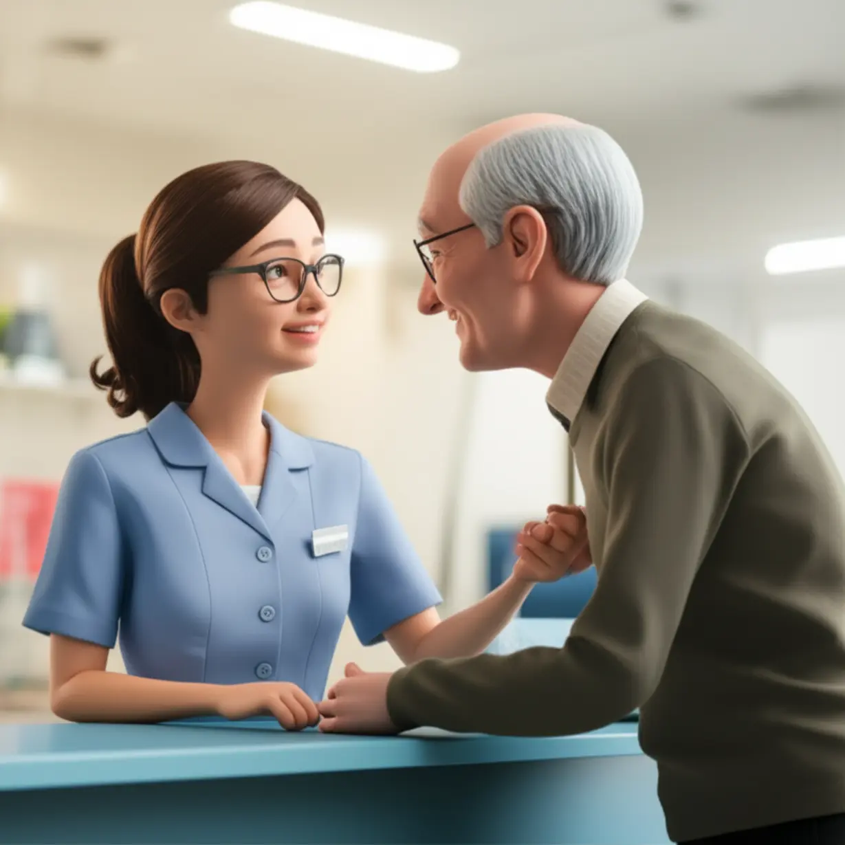 A-3D-illustration-showing-a-kind-hospital-escort-manager-assisting-an-elderly-patient-at-a-hospital-reception,-highlighting-their-supportive-role.