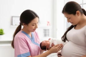A-3D-illustration-of-a-maternal-and-neonatal-health-caregiver-assisting-a-mother-with-her-newborn-baby,-symbolizing-professional-postpartum-and-infant-care.