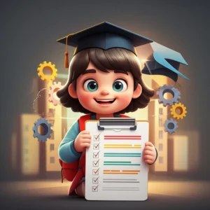 밝게-웃는-스타일리쉬한-학생-캐릭터가-체크리스트를-들고-있으며,-배경에는-마이스터고-건물과-미래-직업을-상징하는-요소들이-3D로-귀엽게-묘사되어-있다.