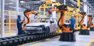 A-3D-rendering-showing-a-modern-automotive-factory-assembly-line-with-robotic-arms-and-human-technicians-working-together-on-car-parts,-illustrating-precision-and-efficiency.