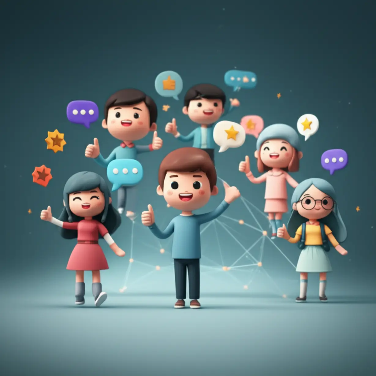여러-학생-아바타들이-온라인-커뮤니티에서-즐겁게-상호작용하며,-포인트-제도와-보상-배지가-떠다니는-모습.