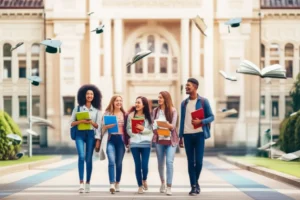 Cute-3D-rendering-of-happy-students-on-Myongji-University-campus,-academic-buildings-in-background.