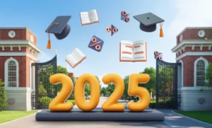 A-cute-3D-illustration-representing-the-2025-university-admissions-period,-with-academic-symbols-and-grade-indicators-around-a-campus-entrance.