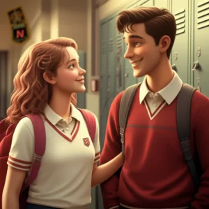 A-3D-rendering-of-a-vibrant-1998-high-school-hallway-with-two-cartoon-style-students-sharing-a-shy-glance,-evoking-a-sense-of-first-love-and-nostalgia.