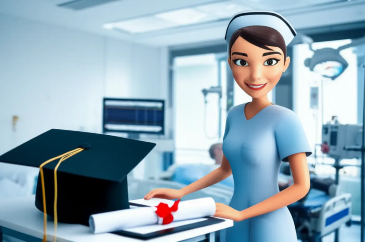 A-3D-illustration-of-a-compassionate-nurse-in-a-modern-hospital-setting,-symbolizing-the-fulfilling-career-path-and-high-employment-prospects-after-graduating-from-a-nursing-program.