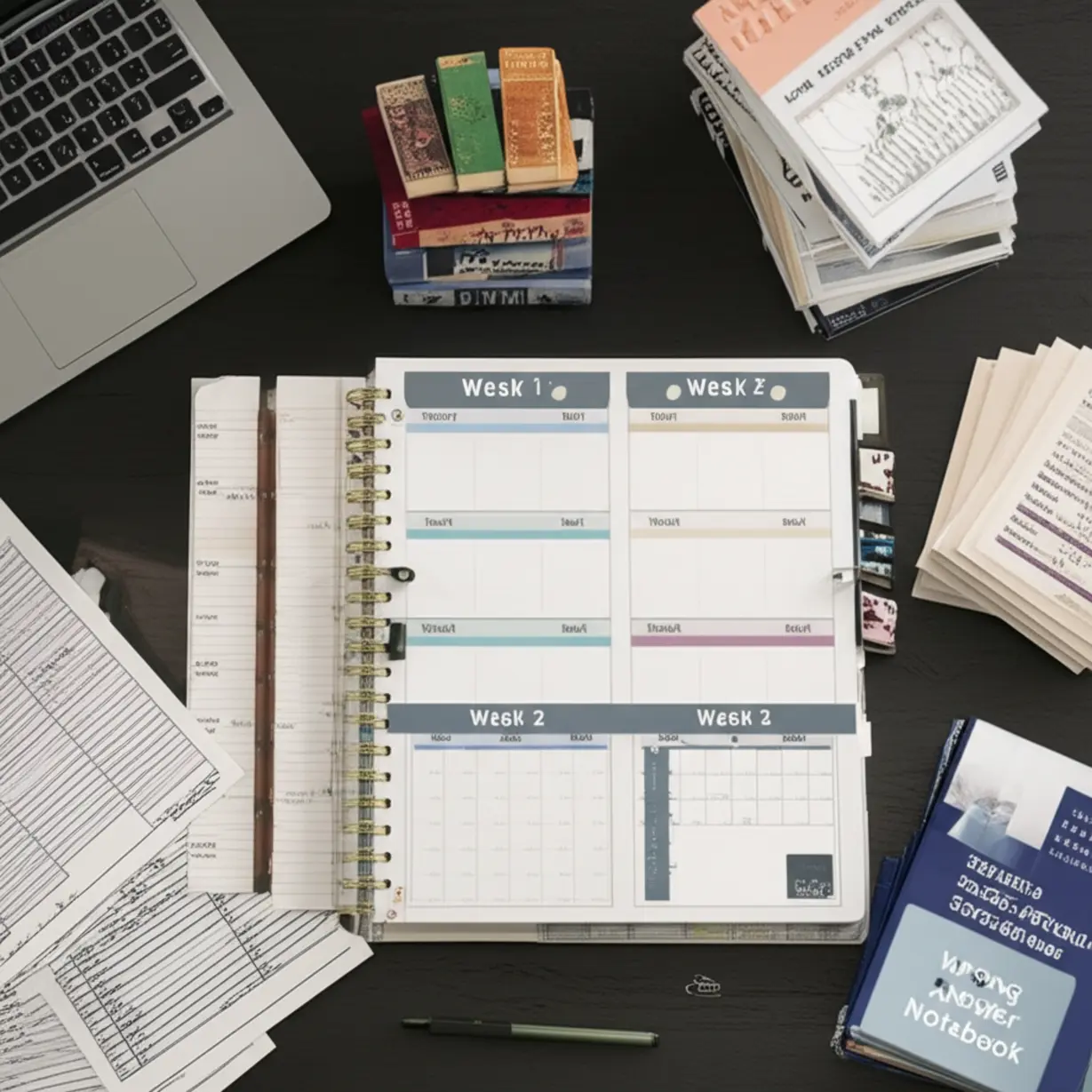 A-3D-illustration-of-an-organized-study-desk-featuring-a-four-week-planner,-books,-a-laptop-with-accounting-software,-and-an-error-notebook,-representing-a-focused-one-month-study-strategy.