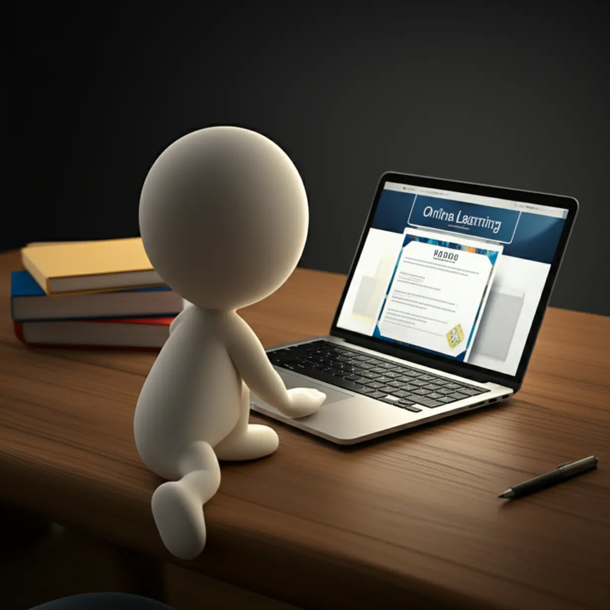 A-3D-illustration-depicting-a-person-engaged-in-online-study-for-a-certificate,-with-a-laptop-and-study-materials-on-a-desk.