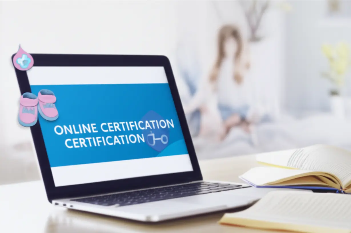 A-3D-illustration-of-someone-studying-online-for-a-certification-exam,-with-elements-representing-maternal-and-newborn-care,-symbolizing-the-learning-journey.