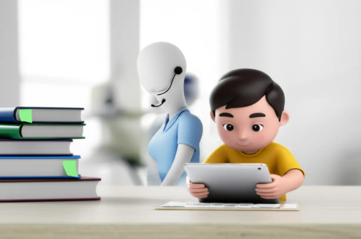 A-person-studying-on-a-tablet,-surrounded-by-books,-preparing-for-a-professional-support-role.