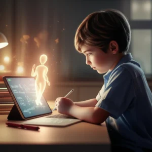 A-middle-school-student-happily-studying-math-online,-receiving-personalized-guidance.