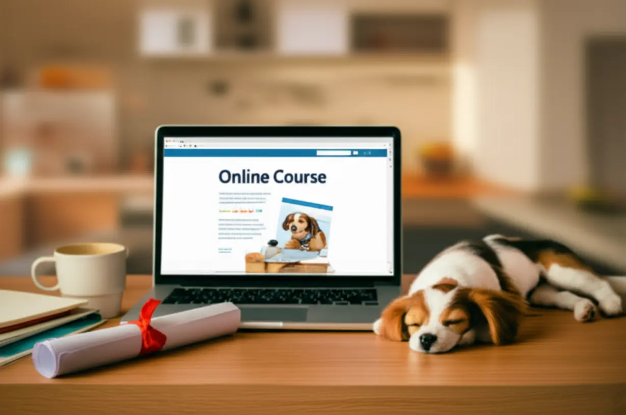 A-cute-3D-image-showing-a-cozy-home-study-setup-with-a-laptop-displaying-an-online-course,-a-peaceful-dog-napping,-and-a-certification-scroll,-illustrating-flexible-online-learning.