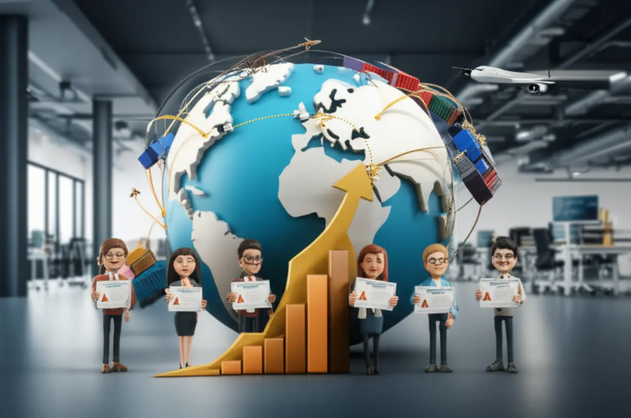 A-3D-illustration-of-a-global-map-with-trade-routes,-young-professionals-holding-certificates,-symbolizing-career-growth-and-global-opportunities.