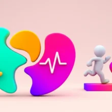 A-3D-rendering-showing-a-peacemaker-character-mediating-between-two-shapes-and-a-pacemaker-character-running-on-a-track-with-a-heart-rhythm.