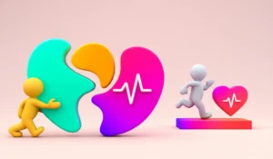 A-3D-rendering-showing-a-peacemaker-character-mediating-between-two-shapes-and-a-pacemaker-character-running-on-a-track-with-a-heart-rhythm.