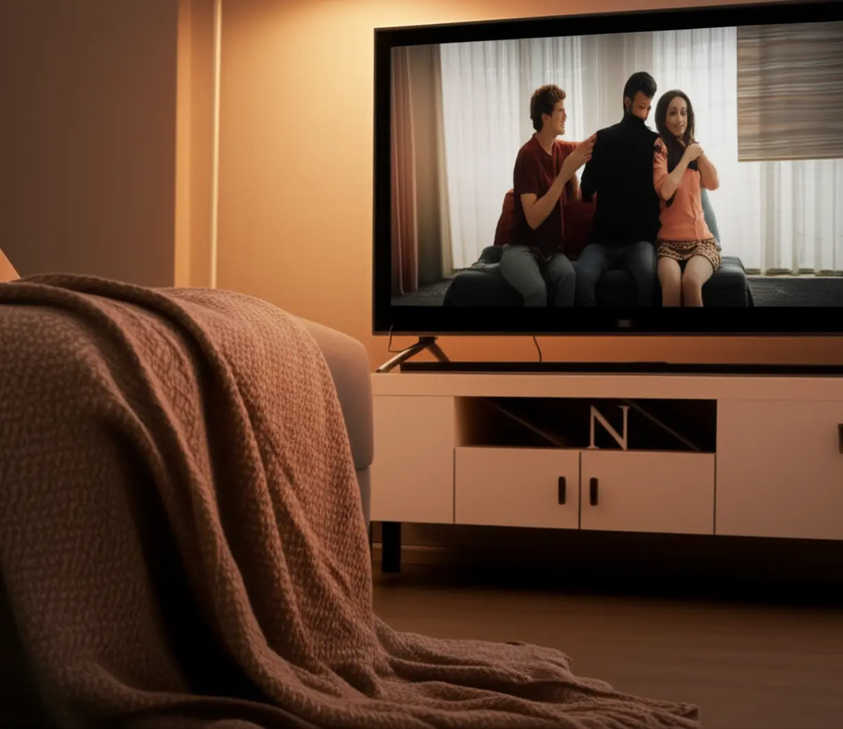 A-3D-rendering-of-a-cozy-living-room-with-a-TV-showing-a-romantic-comedy,-inviting-viewers-to-relax-and-enjoy.