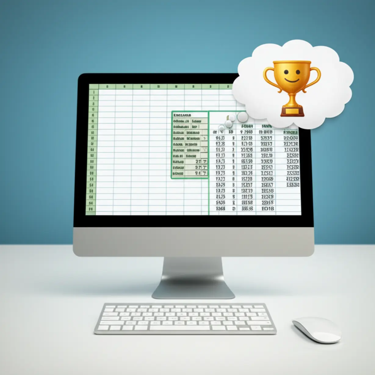 A-3D-illustration-of-a-computer-screen-showing-intricate-spreadsheet-formulas,-with-a-keyboard-and-mouse.-A-small-trophy-and-a-thought-bubble-with-a-confident-expression-represent-success-and-achievement.