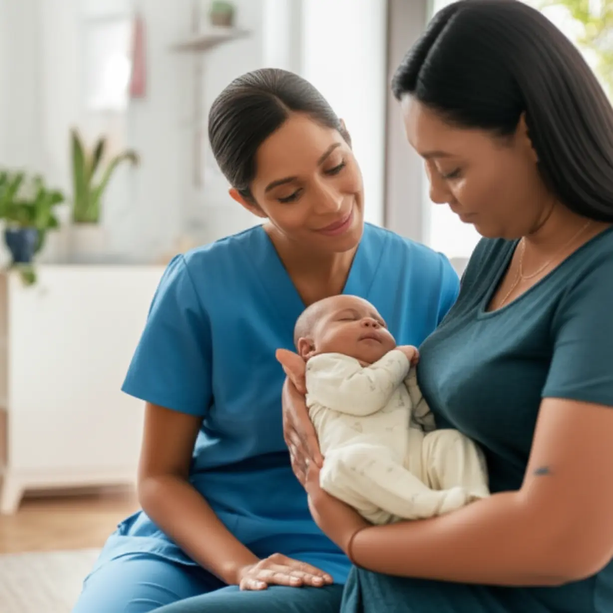 A-3D-illustration-of-a-maternal-and-neonatal-health-caregiver-providing-expert-care-to-a-mother-and-her-baby,-showcasing-their-vital-role.