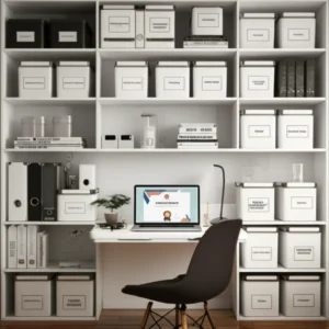 정리정돈이-완벽하게-된-깔끔한-방에서-노트북으로-온라인-강의를-듣고-있는-모습