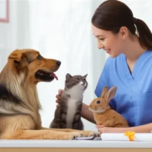 A-cute-3D-scene-of-a-pet-manager-professionally-interacting-with-happy-dogs,-cats,-and-rabbits-in-a-modern-pet-care-facility,-with-subtle-elements-of-certification-visible.