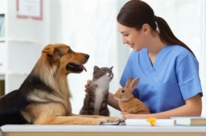 A-cute-3D-scene-of-a-pet-manager-professionally-interacting-with-happy-dogs,-cats,-and-rabbits-in-a-modern-pet-care-facility,-with-subtle-elements-of-certification-visible.