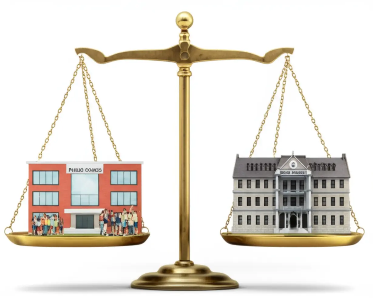 저울-위에-놓인-공립학교와-사립학교-건물-비교