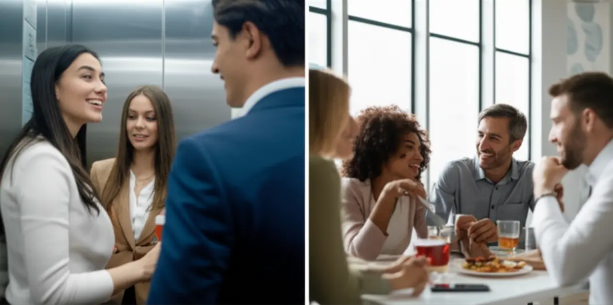Three-different-scenes-showing-people-engaging-in-small-talk-in-an-elevator,-at-a-party,-and-in-an-office,-demonstrating-diverse-conversation-settings.