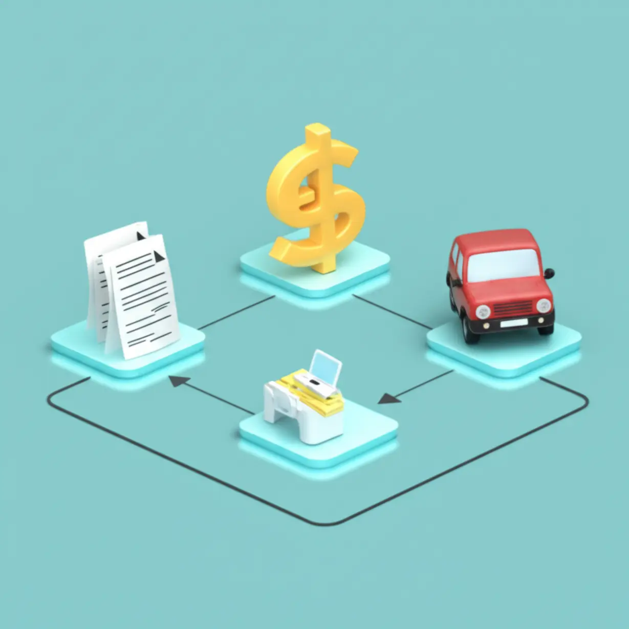 A-3D-rendering-of-a-flowchart-showing-the-steps-of-a-job-recruitment-process-leading-to-symbols-for-salary-and-employee-benefits-like-car-discounts.