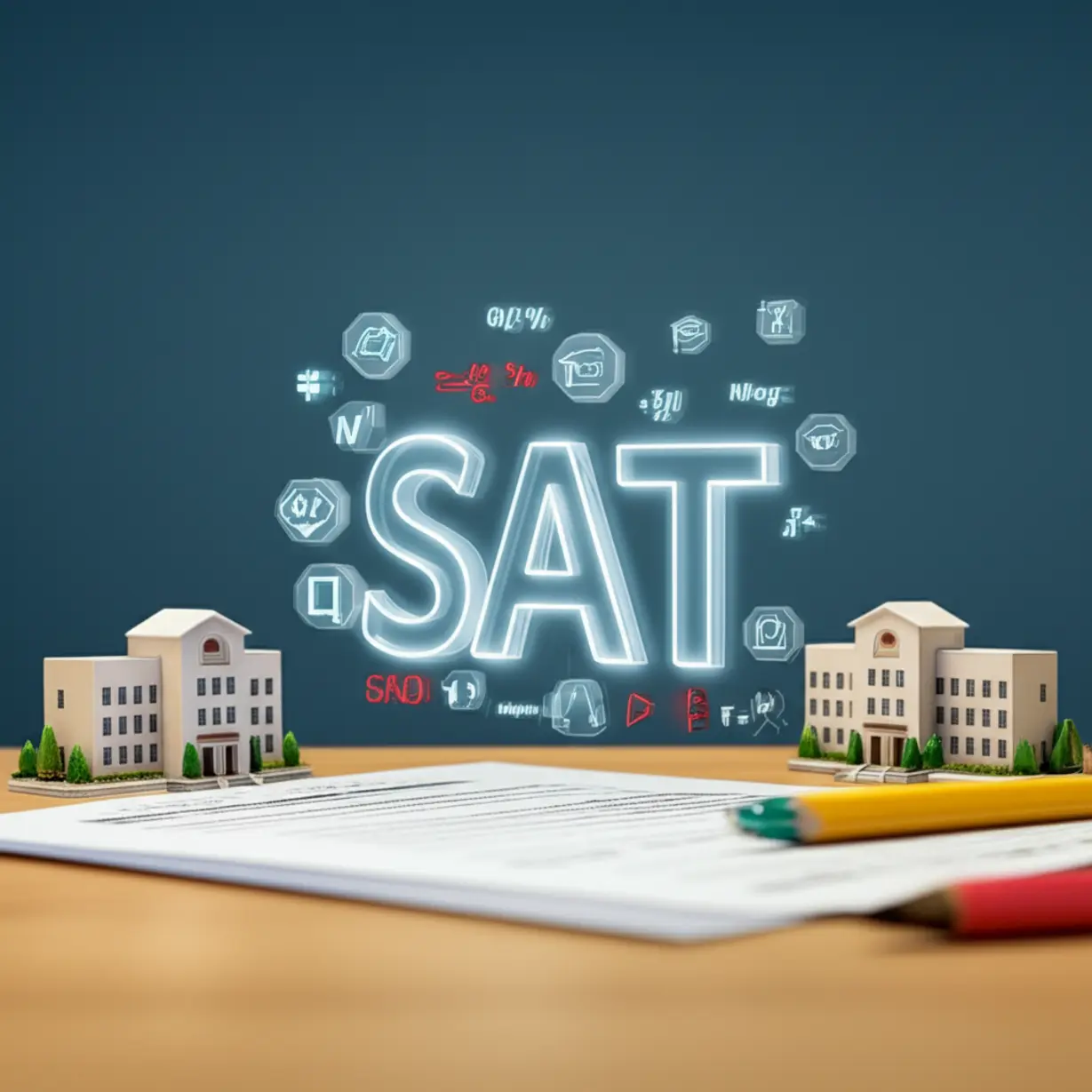 SAT-점수표와-과목-아이콘,-대학교-건물을-묘사한-3D-이미지