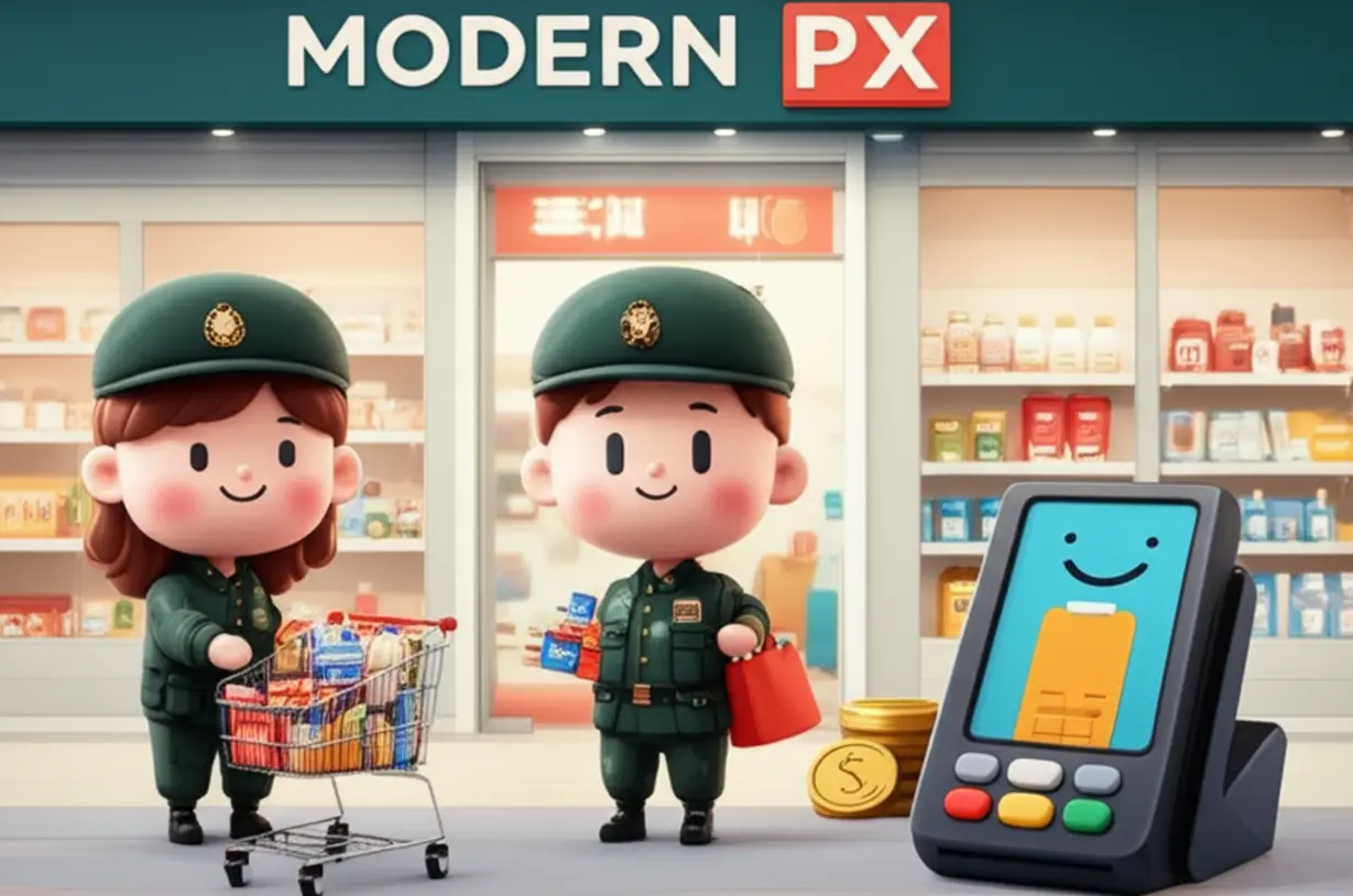 Cartoon-characters-in-uniforms-enjoying-shopping-at-a-PX,-with-money-symbols-nearby.