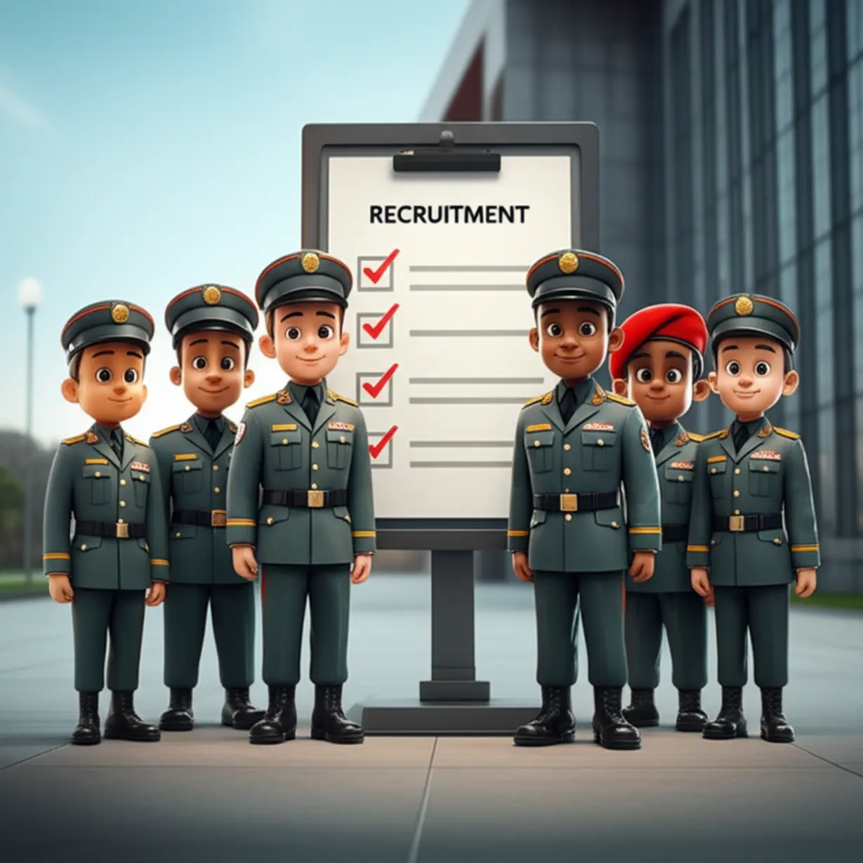 Diverse-cartoon-characters-in-uniforms,-standing-by-a-recruitment-checklist,-ready-to-serve.