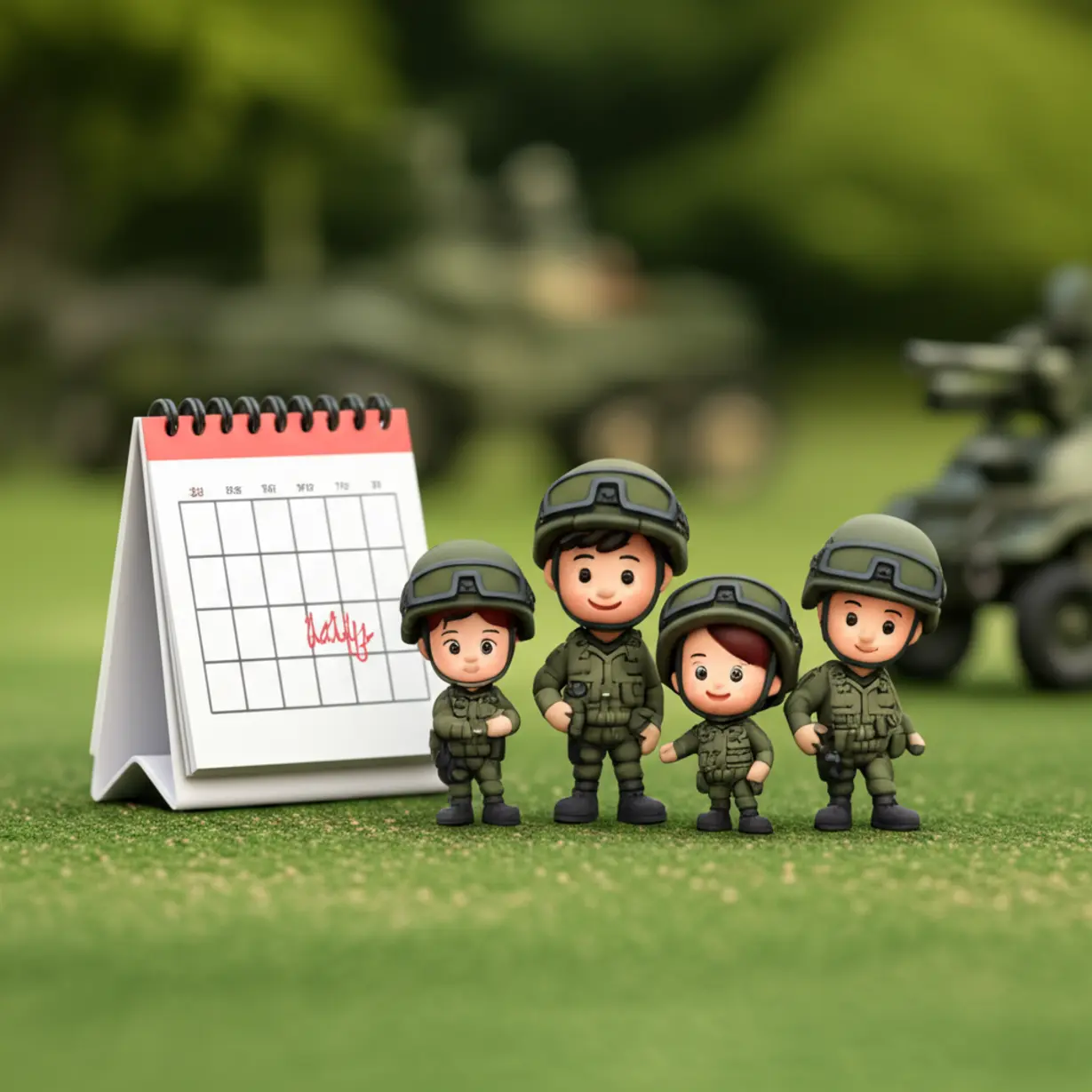 Cartoon-characters-in-uniforms-happily-training,-with-a-calendar-showing-an-important-date.