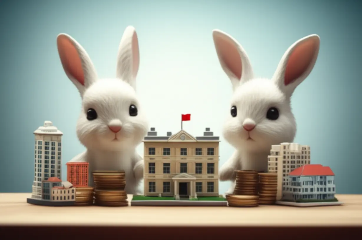 Two-rabbits-comparing-stacks-of-coins-next-to-models-of-government-and-diverse-workplaces,-illustrating-salary-and-job-security-comparison.