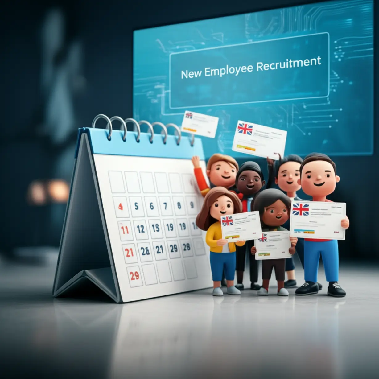 Stylized-3D-rendering-showing-a-calendar-with-recruitment-dates,-diverse-candidates-with-certificates,-and-a-screen-displaying-recruitment-information.