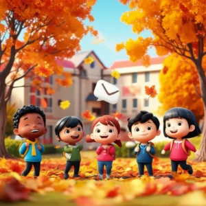 Cute-3D-cartoon-children-playing-in-an-autumn-setting-with-a-kindergarten-in-the-background,-symbolizing-communication-and-new-beginnings.