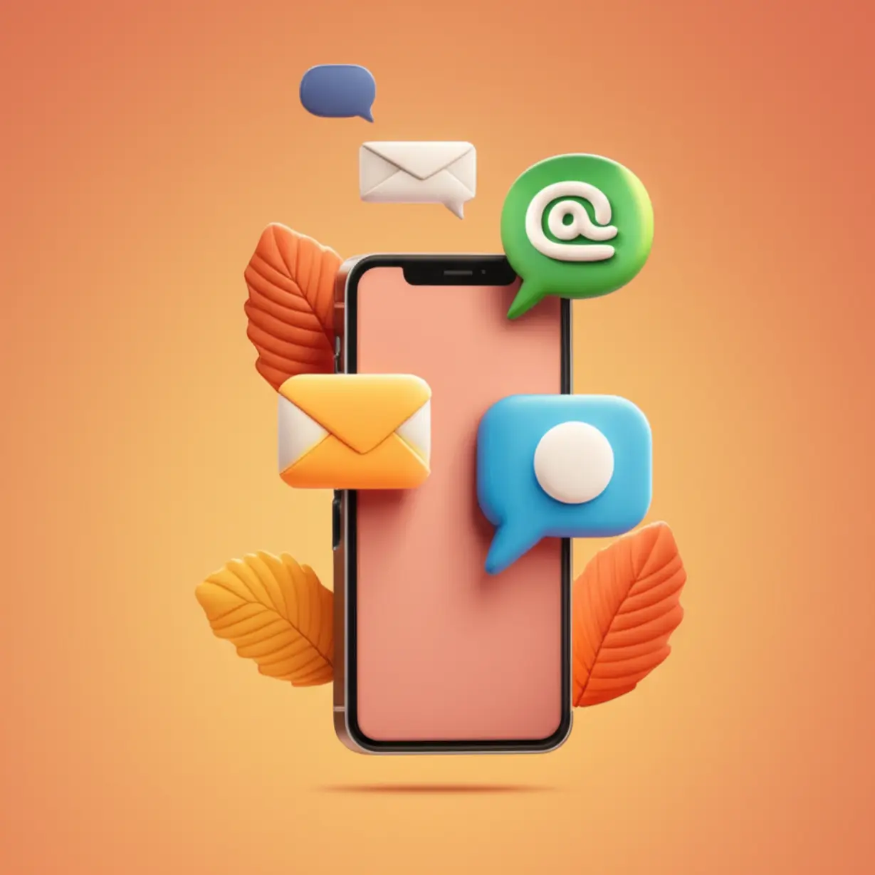 Cute-3D-icons-representing-communication-and-greetings-for-September,-with-autumn-leaves.