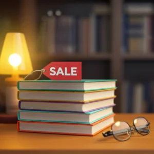 할인된-영어-원서-책들이-쌓여-있고,-'세일'-태그가-붙어-있는-모습