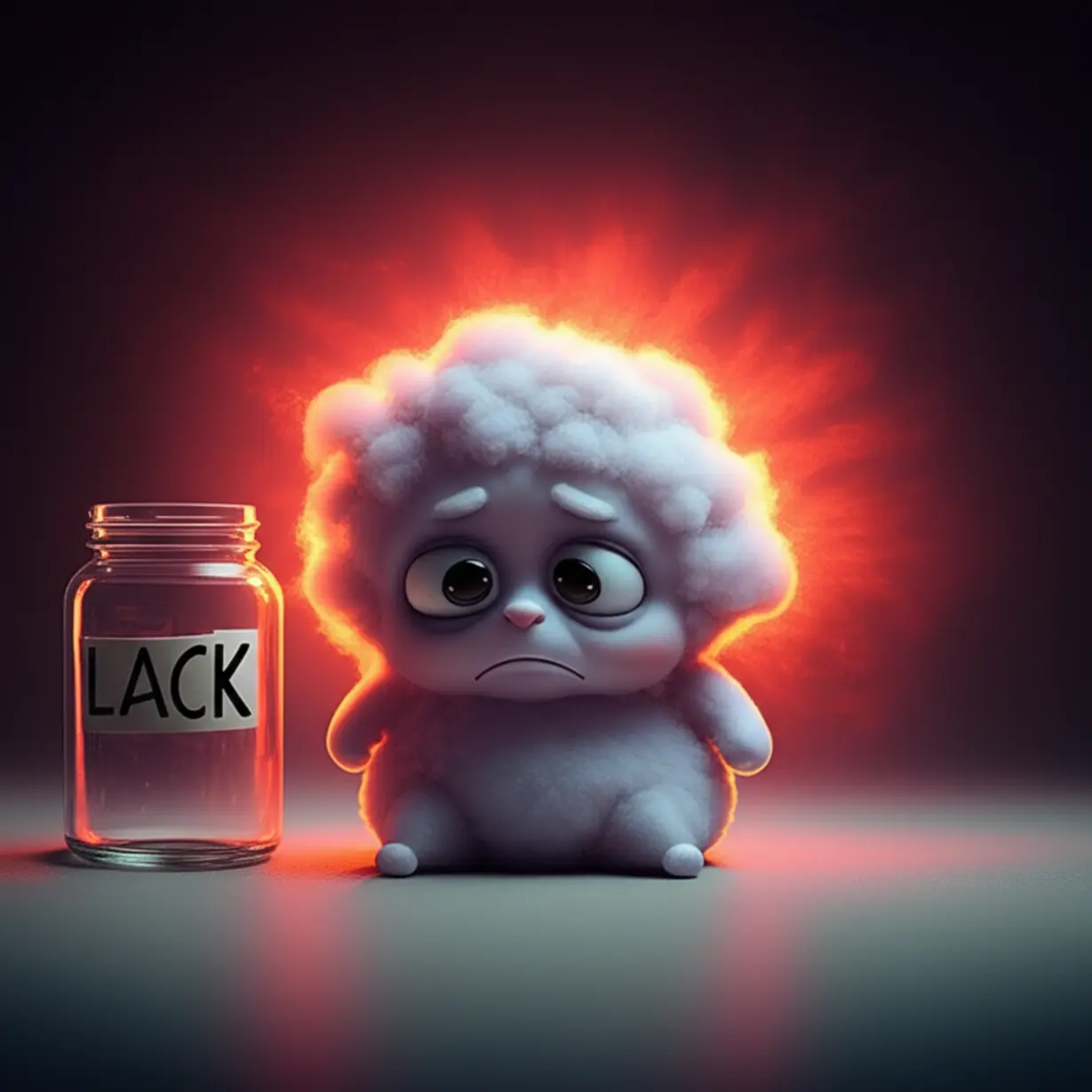 A-cute-3D-fluffy-cloud-with-a-slightly-sad-face-and-red-aura,-symbolizing-strong-emotion-or-severity,-representing-the-adverb-
