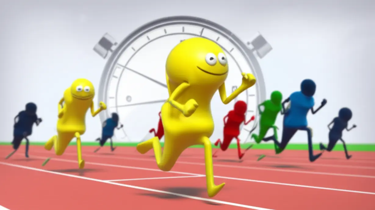 A-3D-cartoon-character-leading-other-runners-on-a-track,-setting-the-pace.
