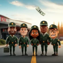 Smiling-cartoon-characters-in-military-uniforms-near-a-PX,-representing-benefits-and-readiness.