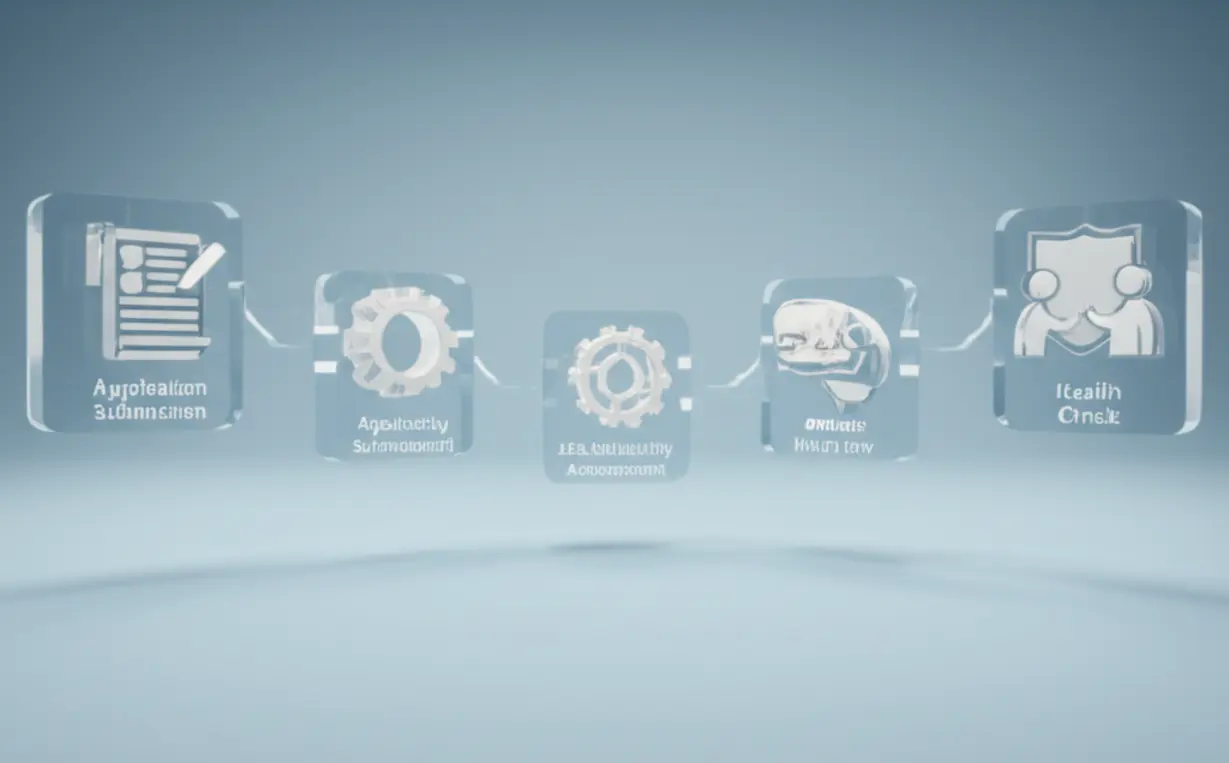 A-3D-flowchart-illustrating-the-five-stages-of-a-corporate-recruitment-process,-from-application-to-health-check.