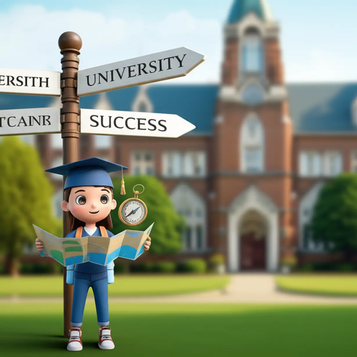 A-3D-illustration-of-a-student-like-figure-with-a-roadmap,-symbolizing-strategic-planning-for-Kyung-Hee-University-admissions-success.