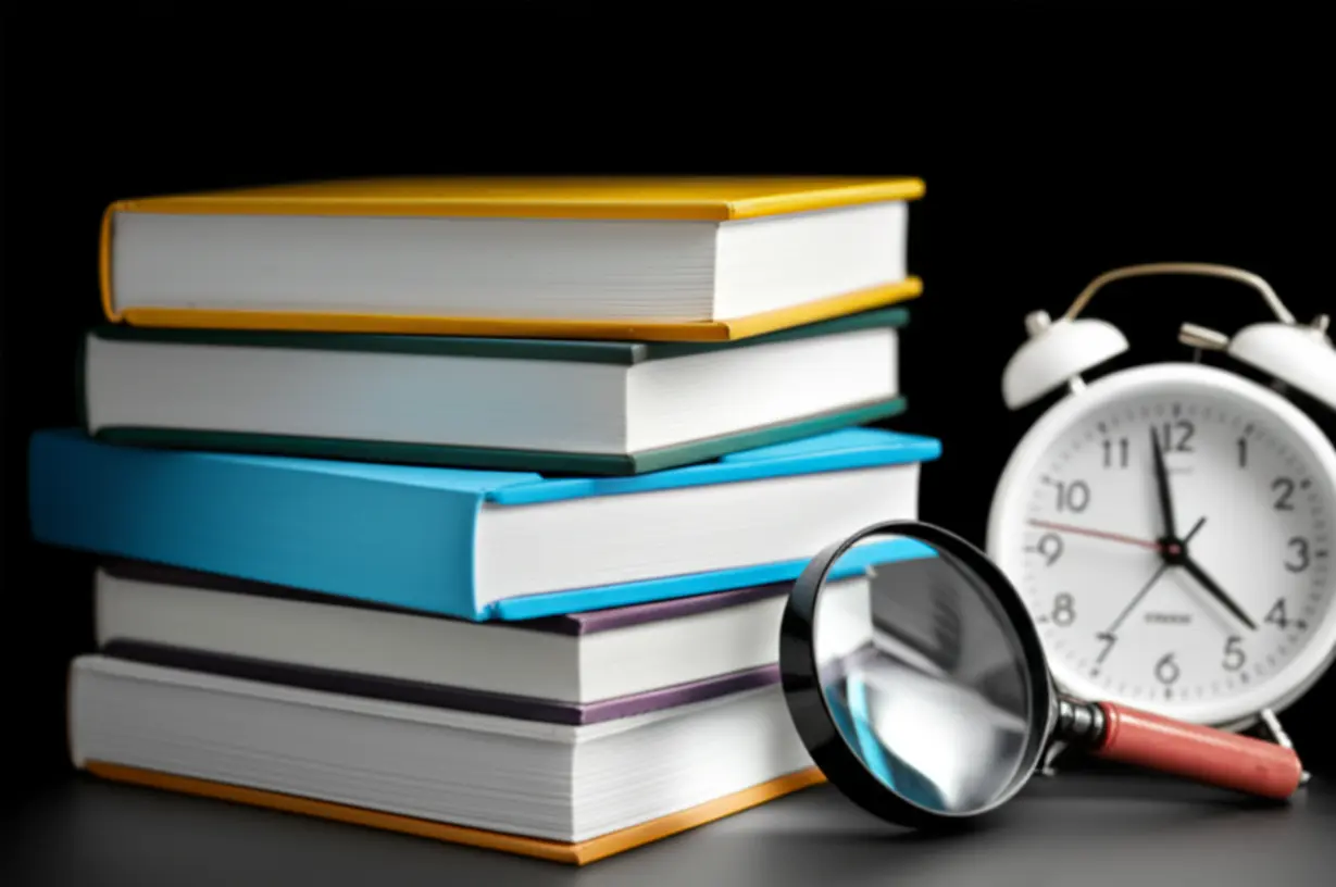 Five-color-coded-books-on-a-study-desk,-representing-different-exam-subjects,-with-a-magnifying-glass-symbolizing-focused-learning-for-a-short-term-environmental-engineering-exam.