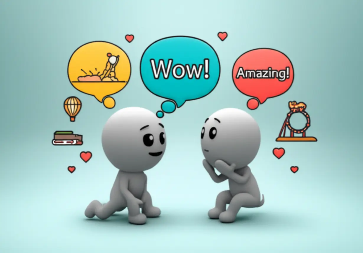 A-cute-3D-image-showing-two-abstract-characters-interacting,-one-sharing-ideas-enthusiastically-and-the-other-listening-empathetically,-surrounded-by-icons-of-new-experiences-and-small-hearts,-illustrating-attraction-strategies-for-ENFPs.