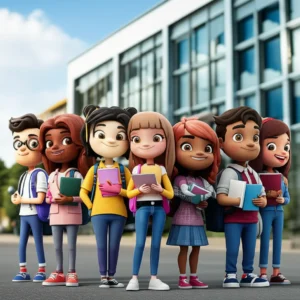 A-cute-3D-image-of-diverse-students,-depicted-as-charming-3D-characters,-in-front-of-a-modern-university-building,-holding-study-materials-and-looking-confident,-symbolizing-preparation-for-university-admissions.