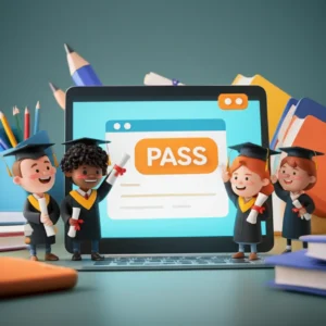 A-group-of-students-joyfully-celebrating-passing-their-exams,-holding-certificates-and-looking-at-a-screen-with-a-pass-result.