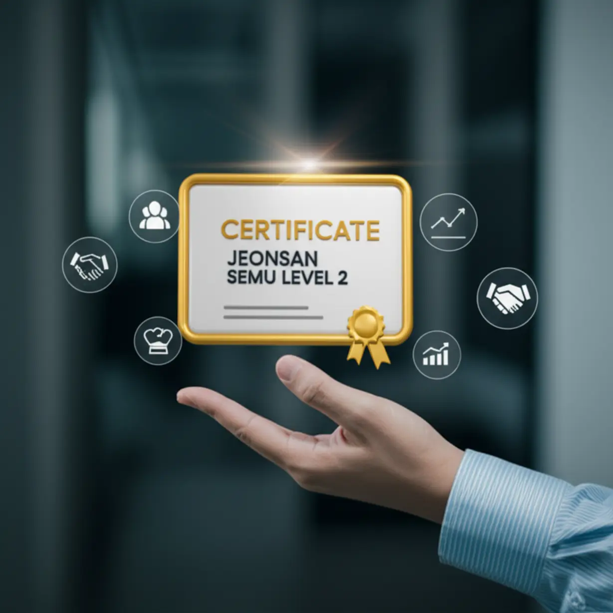 A-3D-illustration-depicting-a-hand-holding-a-Jeonsan-Semu-Level-2-certificate,-with-symbols-of-job-offers,-career-growth,-and-future-success-in-an-office-setting.