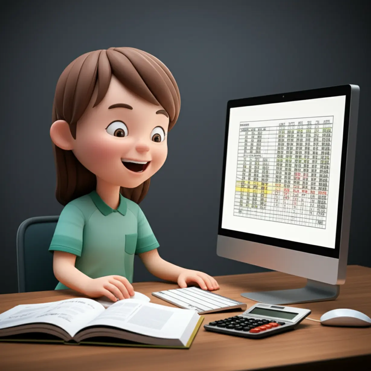 A-happy-non-major-student-confidently-taking-a-computerized-accounting-exam-on-a-computer,-showcasing-successful-self-study.